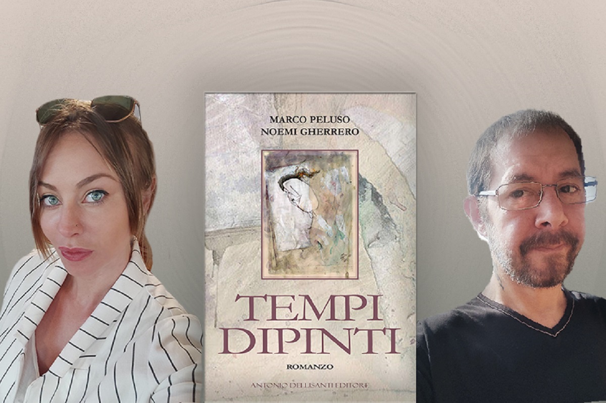 Noemi Gherrero e Marco Peluso con al centro la copertina del libro Tempi Dipinti