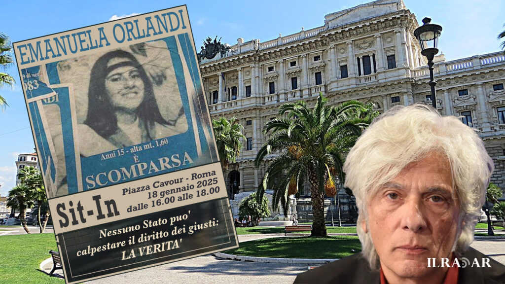 La locandina del SIt-In con la foto di Emanuela Orlandi, Piazza Cavour a Roma dove si svolgerà l'evento e, a destra, Pietro Orlandi