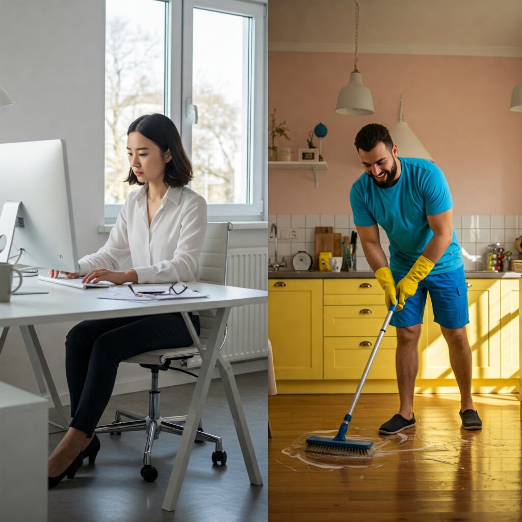 Donne a lavoro e uomini casalinghi